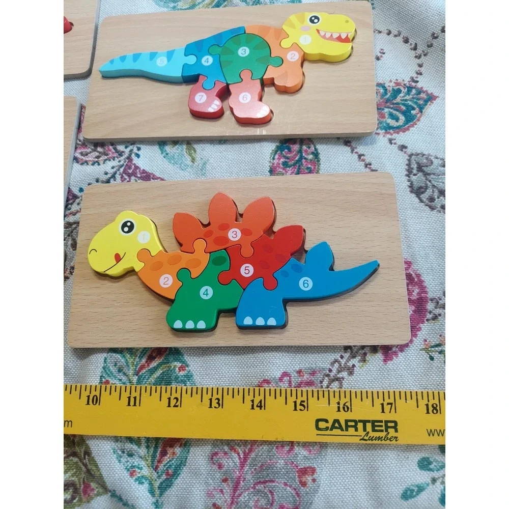 Set of 5 Wood Dinosaur Toddler Number Puzzles 3-5 Montessori Lead-Free Non-Toxic